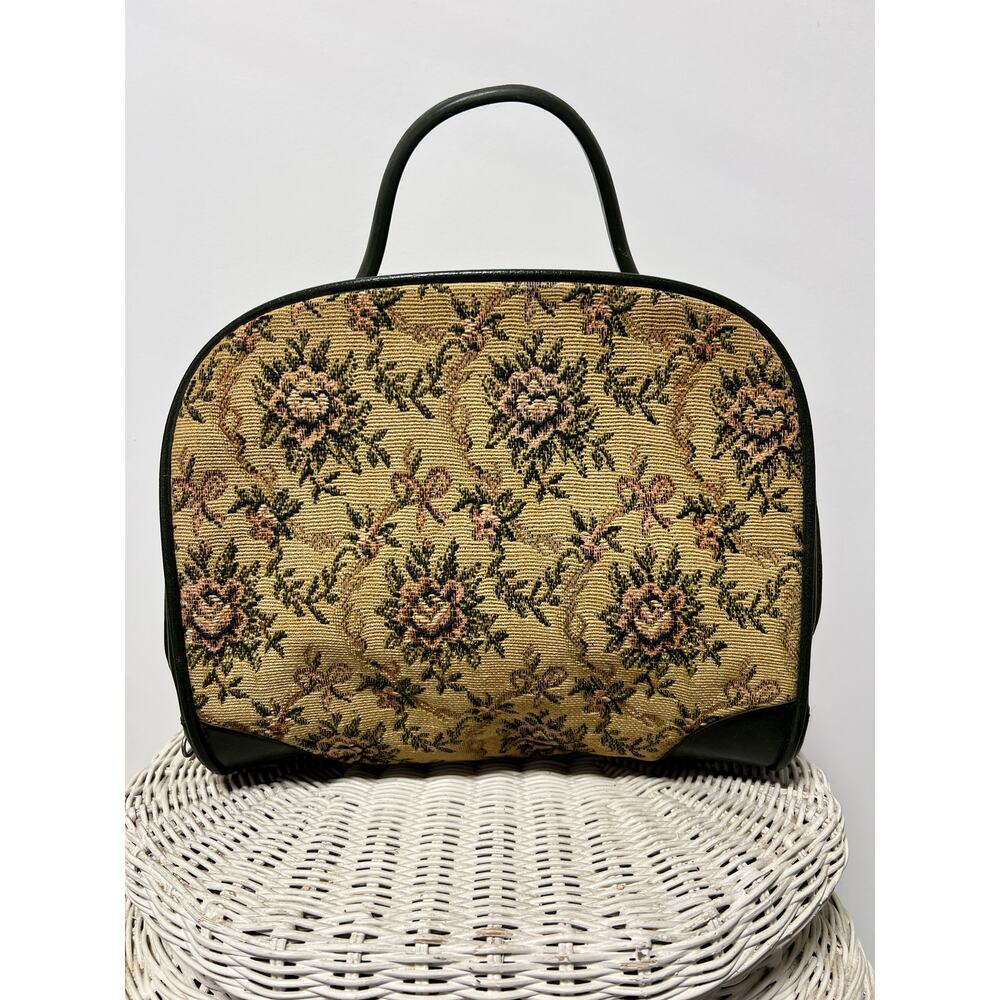 Vintage Floral Tapestry Handbag Top Handle Purse Needlepoint Style Green Trim